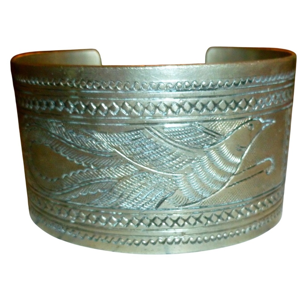 Vintage Etched Bird Silver Tone‎ Cuff Bracelet Wide Phoenix Folk Art Statement